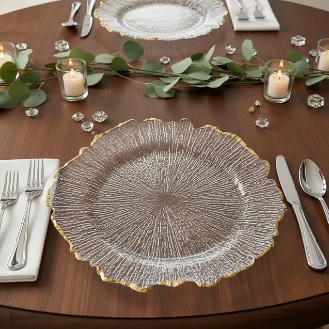 LOYALHEARTDY 25 Pack 13 Inch Charger Plates, Clear Plastic Reef Rim Charger Plates with Gold Rim, Round Decorative Underplates for Wedding, Party, Dinner Table