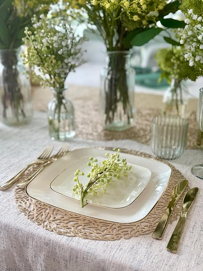 " OCCASIONS " 50 Plates Pack (25 Guests)-Wedding Party Disposable Plastic Plate Set -25 x 10'' Dinner + 25 x 7'' Salad & Dessert plates (Belize Square in Ivory & Gold)