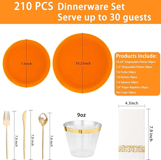 MirthMood 210PCS Orange Plastic Plates,Orange plastic Dinner Plates– Plastic Plates Set Includes 30 Dinner,30 Dessert Plate,30 Cup&50 Napkins, 30 Silverware for Wedding & Birthday Parties