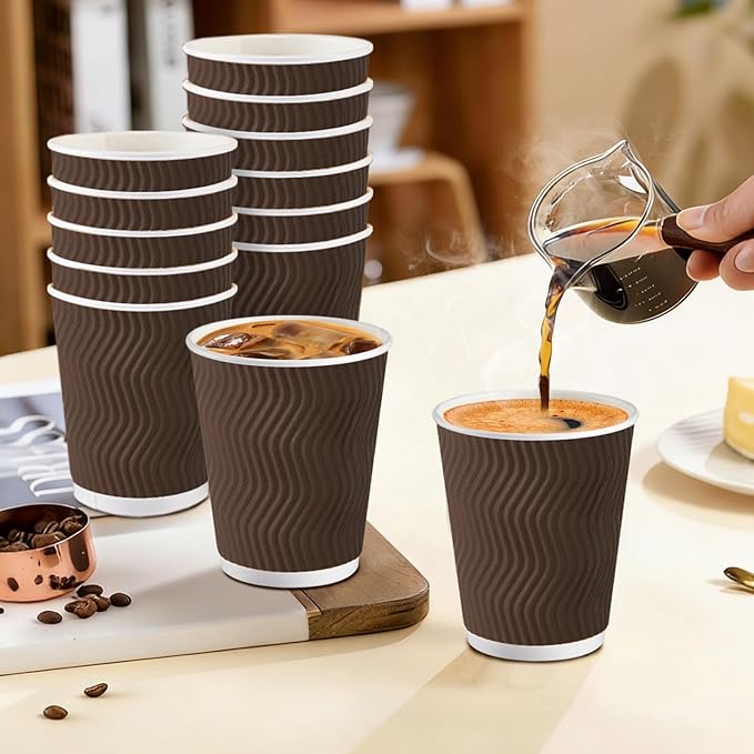 120 Pack 10 oz Coffee Cups, Disposable Corrugated Insulated Ripple Wall Paper Coffee Cups 12oz for Hot or Cold Drinks Office Home Cafe Party Travel (Brown)