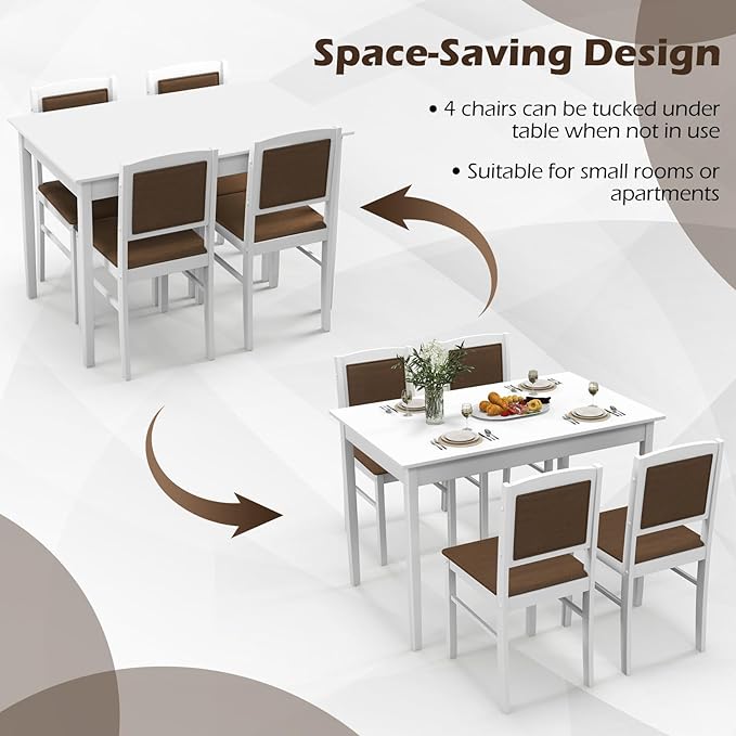 POWERSTONE Farmhouse Wood Dining Table Set for 4, Space-Saving Kitchen Table 4 Chairs Paded PU Leather, Rectangular 5 Piece Dining Table Set 4 Rubberwood Legs Chairs for Kitchen Indoor Dinner (White)