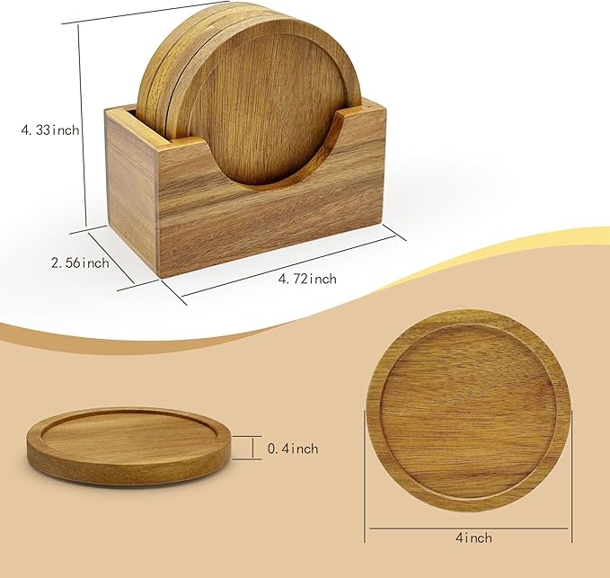 Acacia Wood Coaster Set of 4 with Holder, Non-Slip Heat-Resistant Wooden Coasters, Modern Decorative Coasters for Coffee Table, Dining Table & Kitchen Accessories