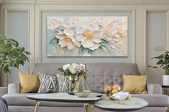 Anolyfi White Textured Flowers Large Canvas Wall Art for Living Room, Modern Aesthetic Sage Florals Painting Wall Decor for Bedroom Dining Room Office Home Decor 58"x29"