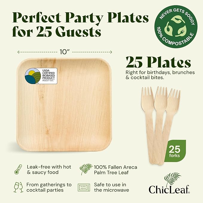 Chic Leaf Palm Leaf Plates Disposable Inch Square Pack Compostable Biodegradable & Eco Friendly Plates, Romantic Valentine's Day Table Setting Microwave Safe Disposable (10'' - 25 Pack)