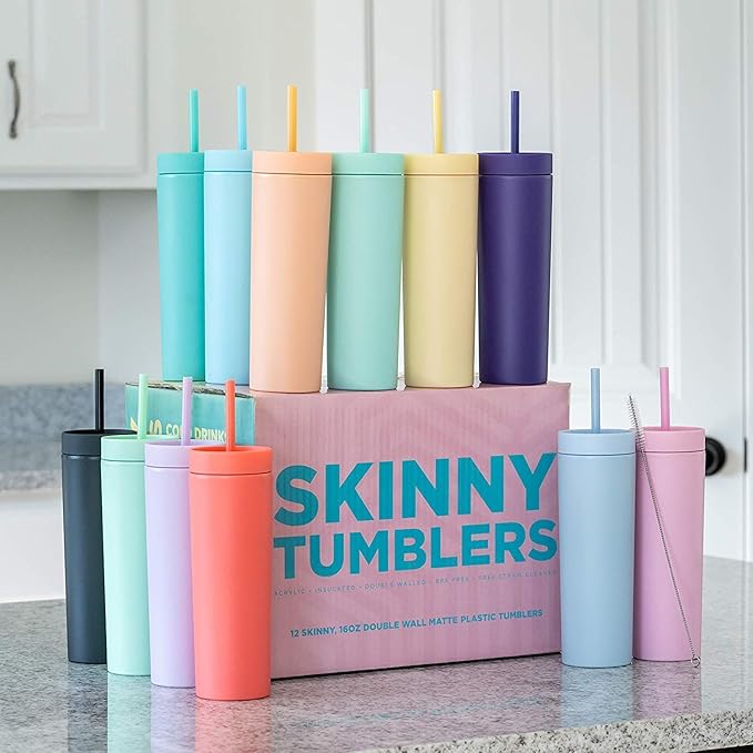 STRATA CUPS Multicolor Skinny Tumblers with Lids and Straws (12 pack) - 16oz Double Wall Acrylic Tumbler, Tall Matte Skinny Tumblers, Bulk with Free Straw Cleaner, Reusable Cups