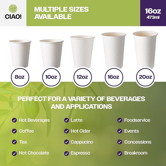 CIAO! 16oz White Paper Hot Cup, Disposable, 90mm Diameter 1,000 Count