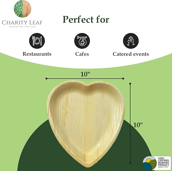 Charity Leaf Disposable Palm Leaf 10" Heart Plates (25 pieces) Bamboo Like Serving Platters, Disposable Boards, Eco-Friendly Dinnerware For Weddings, Catering, Events