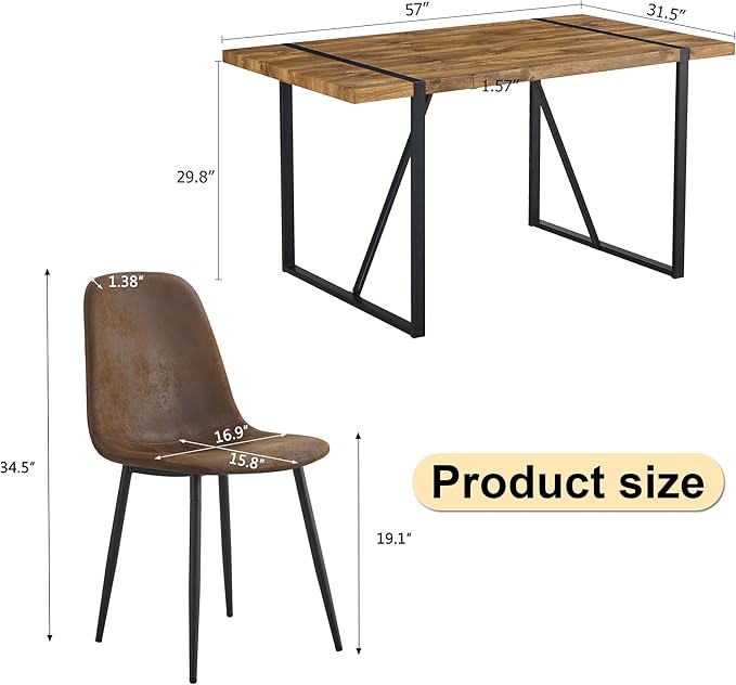 Dining Table Set for 4, Modern 55'' Dark Wood Dining Table and Fabric Dining Chairs Set of 4,Table and Chairs Set of 4,Ideal for Kitchen Dining Room