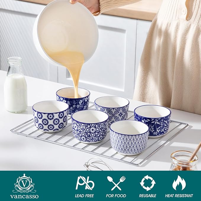 vancasso Selene 6 oz Ceramic Ramekins Set of 6, Microwave & Dishwasher Safe Souffle Cups for Baking, Dip & Sauce, Desserts, Handcrafted Blue Floral Bowls