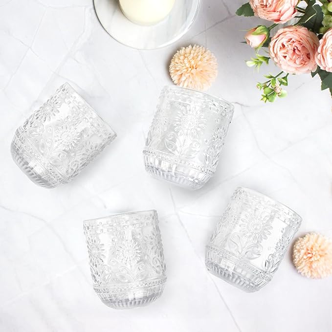 Topsky Clear Vintage Drinking Glass Set of 6,12 oz Embossed Floral Decorative Glassware Set,Glass Cups Wine Glasses Beverages Tumblers Colored Glassware for Whisky,Beer,Juice,Cocktail,Heavy Duty