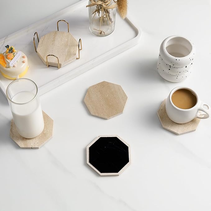Octagonal Travertine Coasters Set of 6 with Gold Holder, Farmhouse Rustic Neutral Style Coaster for Home Table Decor, Porous Natural Travertine Absorbent Drink Coasters, Velvet Backed