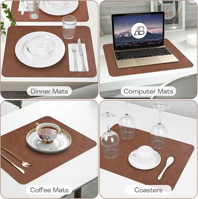 AAPLKER Faux Leather Placemats Set of 6, Vinyl Placemats Wipeable Waterproof Oil-Proof Table Mats, Heat Resistant Place Mats, Table Mats for Kitchen Indoor Outdoor, 15.8 x 11.8 inches (Brown)