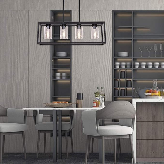 XILICON Black Dining Room Chandeliers Lighting Fixture Linear Pendant Modern 4-Light with Glass Shades Vintage Farmhouse Ceiling Light Hanging for Kitchen Island Cafe Bar