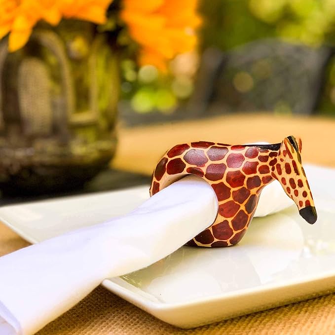 Global Crafts Handcarved Mahogany Wooden Napkin Ring Holders, Giraffe, Set of 6 (KWF012_G)