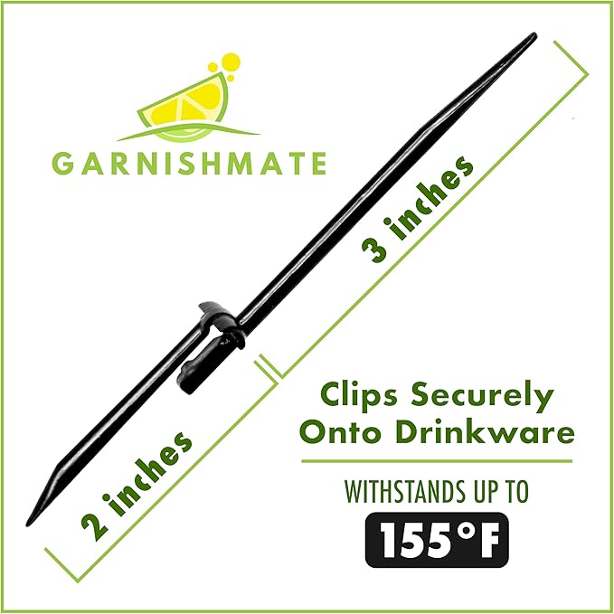 Garnishmate PACK OF 30 Clip On Garnish Holder Pick Cocktail Accessory for Entertaining Drinks and Charcuterie Boards for Home Bar Cart or Bartender Kit for Cocktails Accessories w/Rounded Tip, Black