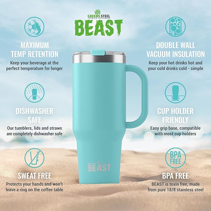 Beast 42 oz Tumbler with Handle Stainless Steel Vacuum Insulated Coffee Ice Cup Double Wall Travel Flask (Aqua Blue)
