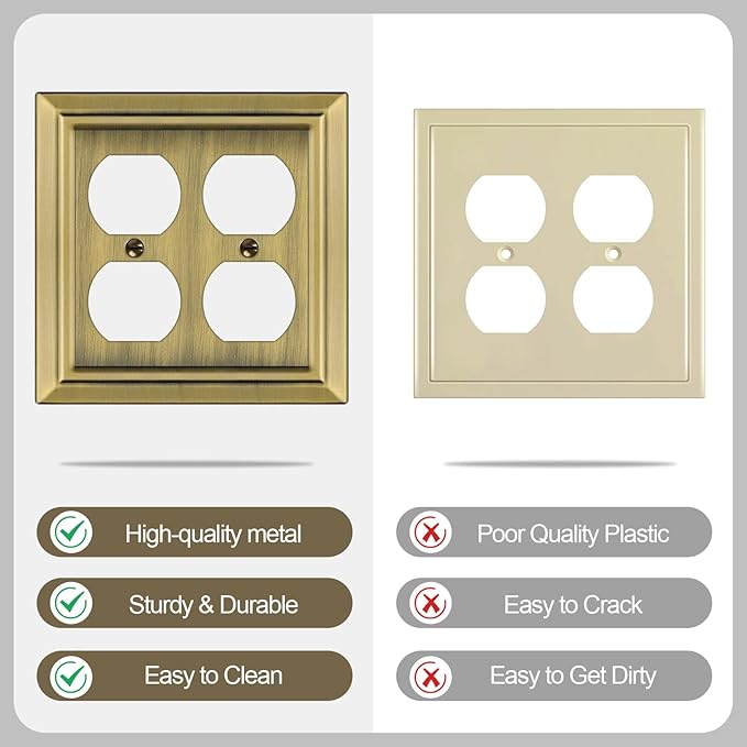 Metal Wall Plate for Electrical Outlets, Decorative Antique Brass Switch Plates Outlet Cover, Light Switch Cover Plate, 2-Gang Wall Plates (Double Duplex Outlet, 2 Pack)