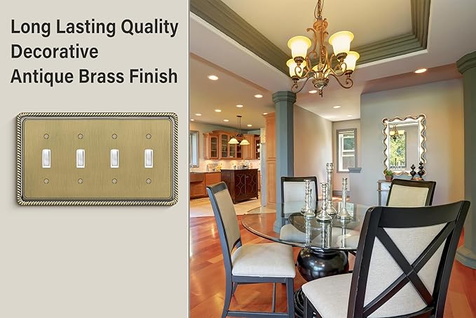 Henne Bery Rope Edge Decorative Wall Plate Switch Plate Outlet Cover (Quad Toggle, Antique Brass)
