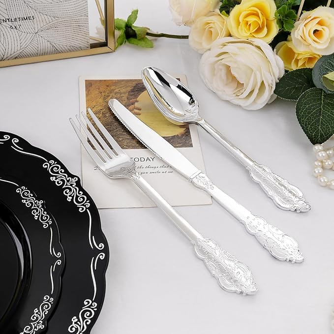 DaYammi 150 Pcs Black Silver Plastic Plates & Silver Plastic Silverware,Black silver Disposable plates for Include 30 Dinner Plate,30 Dessert Plate,30 Knives,30 Forks,30 Spoons for Party Wedding
