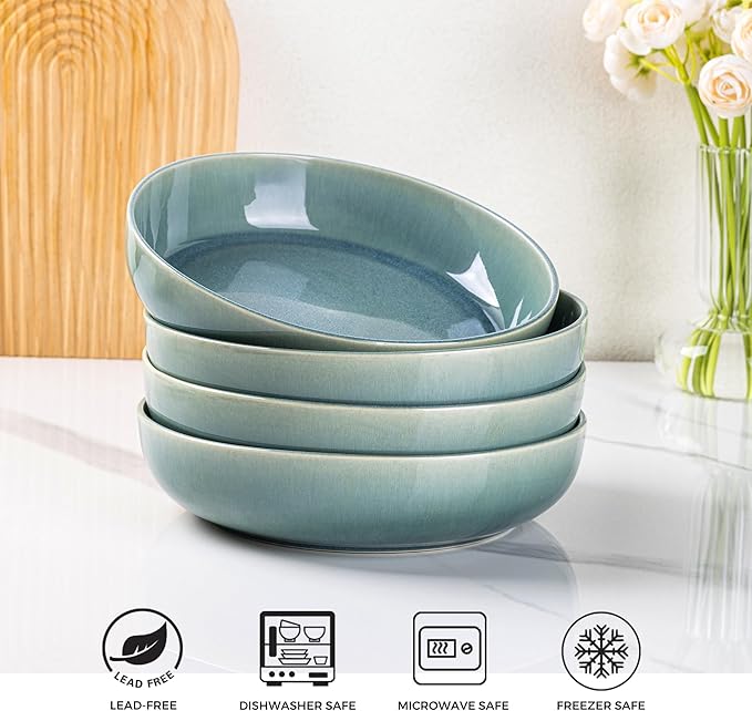 GBHOME 8.75'' Large Ceramic Pasta Bowls, 38oz Stoneware Pasta Serving Bowls Set of 4 for Kitchen, Wide Bowls for Fruit,Pasta,Salad,Oatmeal,Meal, Microwave Safe, Reactive Glaze