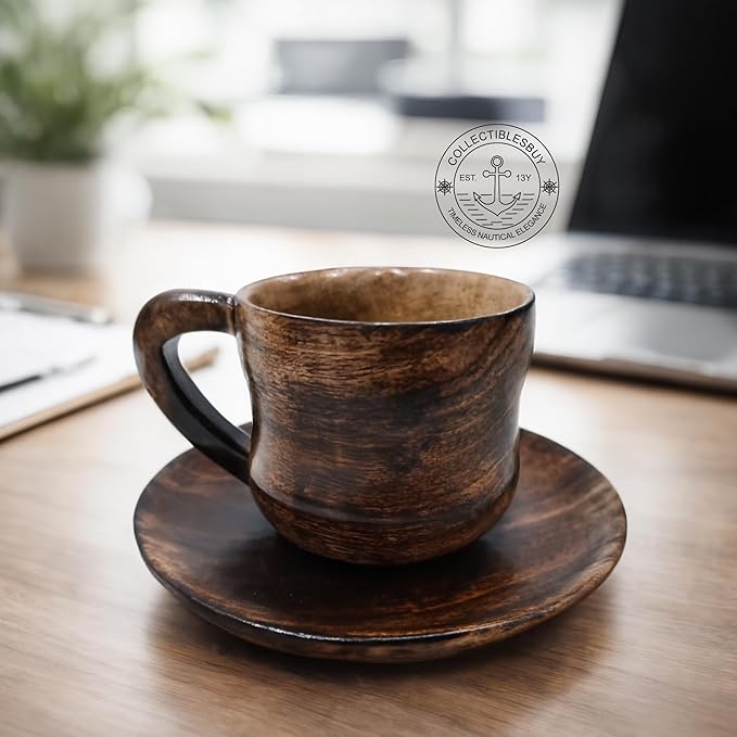 collectiblesBuy Eco-Friendly Espresso Wooden Cup With Saucer Coffee Tea Drinking Tableware Rustic Handcrafted Natural Retro Style