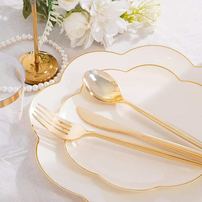 EI 180pcs Beige Plastic Plates with Gold Plastic Silverware,Heavy-Duty Disposable Plates for Party,Beige Dinnerware Set for 30 Guest Wedding,Afternoon Tea,Spring,Mother's Day,Valentine's Day,Easter