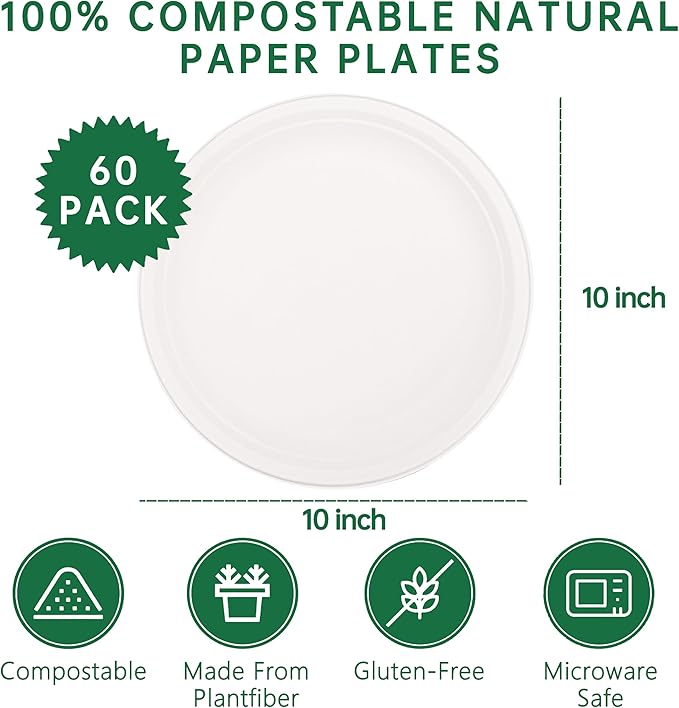DaYammi 100% Compostable Paper Plates 10 Inch, 60-Pack Heavy Duty Paper Plates Bulk,Biodegradable Bagasse,Eco-Friendly Disposable Dinner Plate for BBQ,Picnic,Party (BPI Certified,Microwaveable)