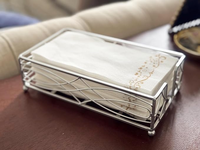 Elegant Sturdy Guest Napkin Holder | Silver | Disposable Paper Hand Towel Storage Tray Caddy | Premium Quality | Bathroom Kitchen Dining Table Wedding Party Hotel Office décor