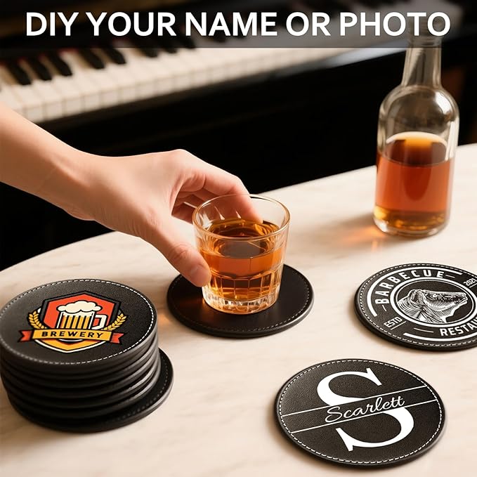 Custom Personalized Leather Coasters - Set of 6 | DIY Name, Photo, or Logo Coasters for Coffee Table, Bar, Beer, Wine | Ideal Housewarming Gift,Black