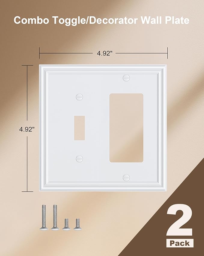 2-Pack Combo Toggle/Decorator Light Switch Cover Plate, Pure White Decorative Electrical Outlet Covers, Durable Solid Zinc Alloy Wall Switch Plates and Outlet Covers