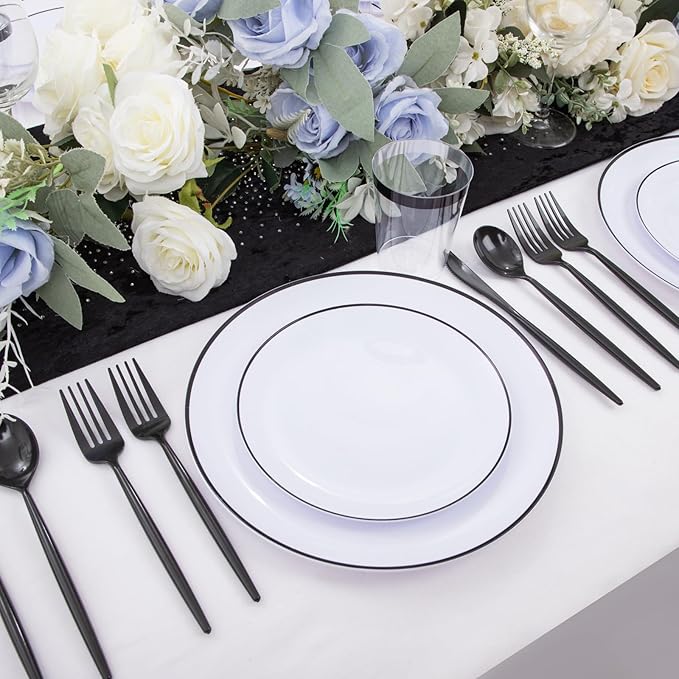 EI 180pcs White Plastic Dinnerware Set Include Black Disposable Silverware,Dinner and Dessert Plates,Cups,White Plastic Plates with Black Rim Perfect for Wedding,Birthday,Partys,Business Events,Hotel