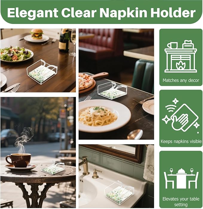 Acrylic Cocktail Napkin Holder, 5.5"x5.5" Clear Square with Weighted Arm & Non-Slip Base, Sleek & Stable Flat Napkin Holder for Bar Cafe Restaurant Kitchen Dining Table