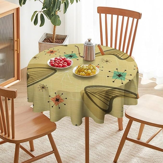Mid Century Round Tablecloth, Retro Abstract Atomic Boho Geometric Art Printed Tablecloth for Home Party Dining Room Kitchen Decor 50Inch(127cm)