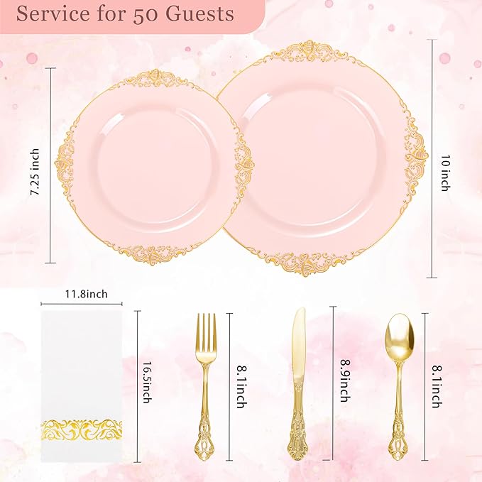 Ciaell 300PCS Pink and Gold Plastic Plates - Pink Disposable Dinnerware Sets for 50 Guests - 100 Plates, 50 Knives, 50 Forks, 50 Spoons, and 50 Napkins for Wedding, Party & Valentine's Day