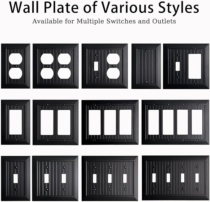 Beadboard Outlet Covers Wall Plates, Bamboo Fiber Light Switch Covers, Natural Material Electric Receptacle Decorative Switch Plate Outlet Cover Matte Black (4 Gang Decorator 1 Pack)