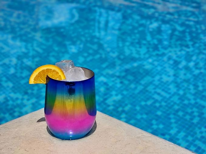 CHILLOUT LIFE 12 oz Stainless Steel Wine Tumbler with Lid - Double Wall Vacuum Insulated Wine Cup Glass Keeping Cold & Hot for Coffee, Champagne, Cocktails, Ice Cream - Colorful Rainbow