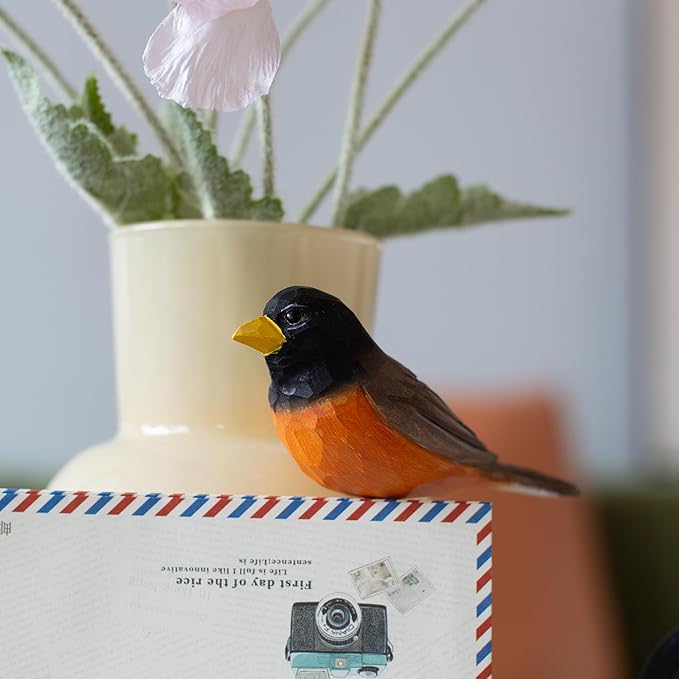 Handmade Wooden Robin Bird Figurine – Songbird Home Decor, Cute Red-Breasted Robin Knick-Knack for Bird Lovers, Unique Gift for Women, Mom, Friends – Rustic Nature Home Ornament