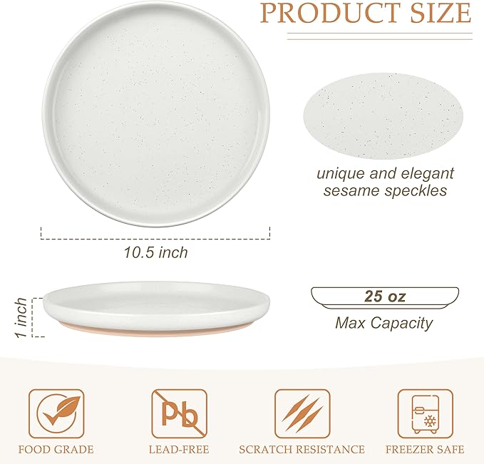 LIANYU Dinner Plates Set of 4, 10.5 Inch Stoneware Plate for Kitchen Dining, Large & Round Ceramic Salad Dishes Set, Microwave, Oven & Dishwasher Safe, Scratch Resistant, Stackable, Snowy White