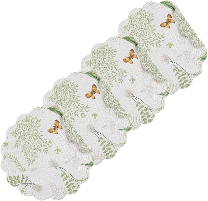 C&F Home Althea Round Placemat, Set Of 4, 17'' X 17'' Spring Butterfly Plants Fern Green White Damask Cotton Quilted Placemat Tabletop Round Placemat Set of 4 Green
