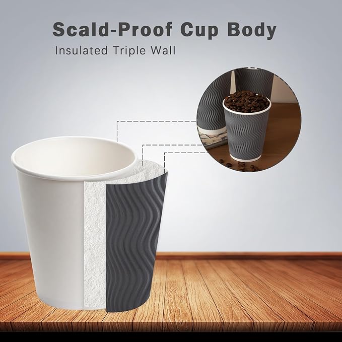 Coffee Cups 12 oz 120 Pack, Corrugated Insulated Ripple Wall Disposable Paper Coffee Cups 12oz, To Go for Hot Beverage or Cold Drinks Office/Home/Cafe/Party/Travel (Gray) | Corrugated, Insulated, Ripple Wall, Disposable, 12oz, To Go