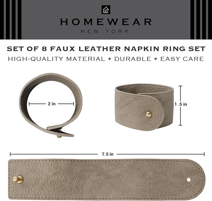 Luxury Leather Napkin Rings Set of 8, Grey, Morgan Faux Style, Modern Cuff Design for Wedding Party Decorations, Kitchen, Holiday Table,Rust Proof,Hotel, Home, Table Accessories, Dining