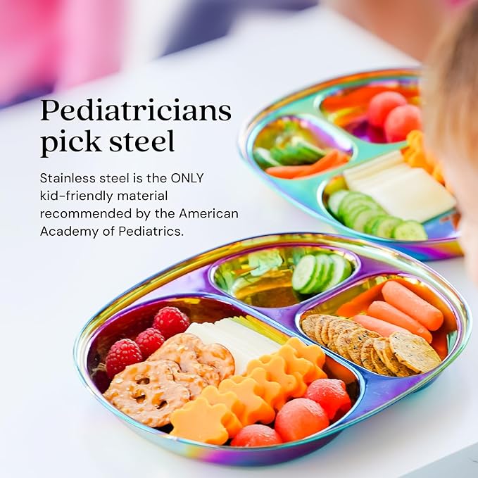 Ahimsa Stainless Steel Plates For Kids, Pediatrician Designed Colorful Divided Plates for Toddlers & Baby, Non Toxic, Unbreakable & Dishwasher Safe, Rainbow Set of 4