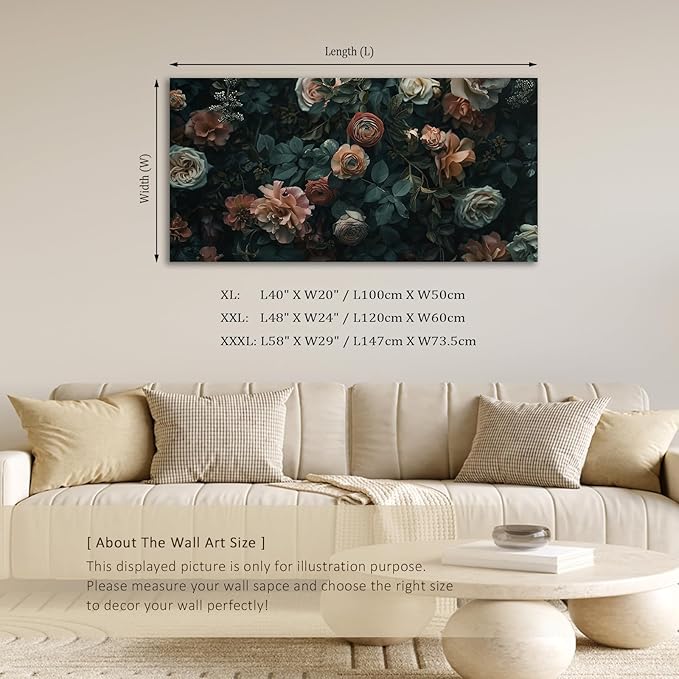 ADJUVANT Wall Art Floral 40"L x 20"W, Dark Hued Vintage Flowers With Lush Foliage Canvas Painting Elegant Blooms Artwork Retro Garden Prints Floral Wall Decor for Living Room Bedroom Study Home Office