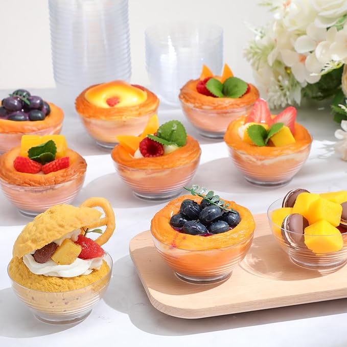 50 Pcs 3 oz Mini Clear Plastic Bowls, Disposable Plastic Dipping Spices Sauce Bowls for Fruit, Dips, Appetizers, Snacks, Weddings, Catering, Home or Event Party Supplies