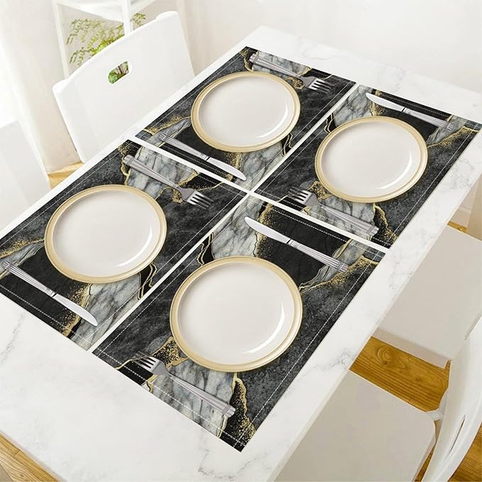 Marble Linen Placemats Set of 2, Modern Abstract Foil Texture Grey Black Marble Washable Cloth Place Mats, Non-Slip Dining Table Placemats for Home Kitchen Party Banquets Decor 12x17 Inch