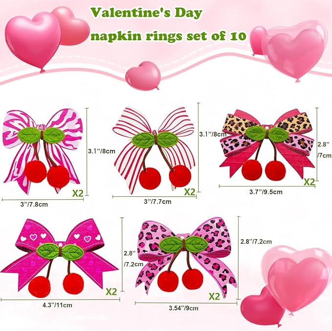10 PCS Valentine's Day Napkin Rings Wood Pink Bow Napkin Rings Wedding Napkin Ring Holders Romantic Table Decor for Valentine's Day Anniversary Dinner Party