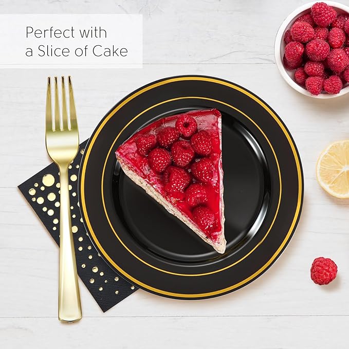 Stylish 7.5 Inch Gold and Black Cake Plates with Disposable Forks and Cocktail Napkins (100 Set of Each) - Small Appetizer Plates, Disposable Cake Plates or Salad Plate - Black Plastic Dessert Plates