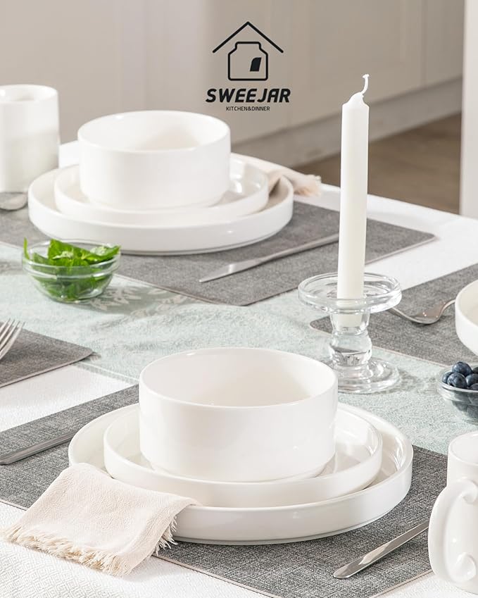Sweejar Porcelain Dinnerware Sets for 4, 12 Pieces Ceramic Plates and Bowls Set, Classic Modern Simple Kitchen Dinner Dining Ware Set, Dishwasher and Microwave Safe Dishes Sets(Pure White)