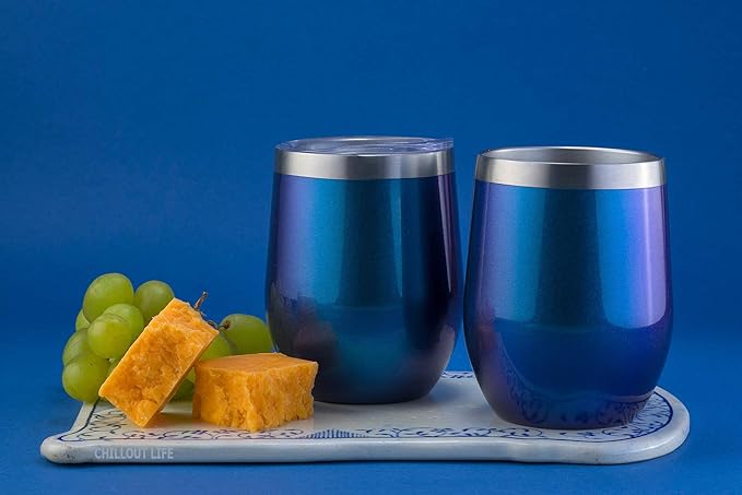 CHILLOUT LIFE 12 oz Stainless Steel Wine Tumbler with Lid - Double Wall Vacuum Insulated Wine Cup Glass Keeping Cold & Hot for Coffee, Champagne, Cocktails, Ice Cream - Blue Sparkle