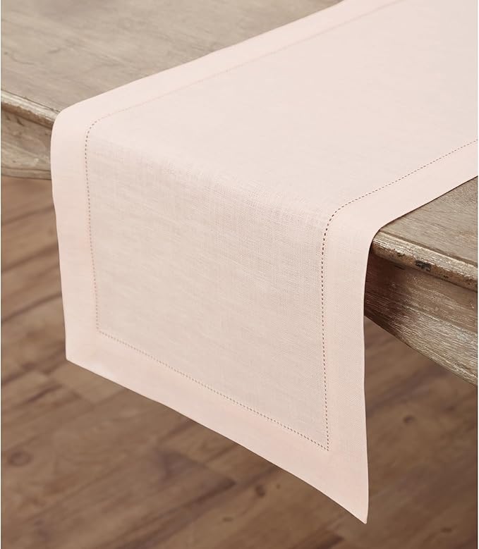 Solino Home Linen Pink Table Runner 90 Inches Long - 100% Pure Linen Hemstitch 14 x 90 Inch Table Runner for Dining, Valentines, Spring, Easter - Classic Hemstitch